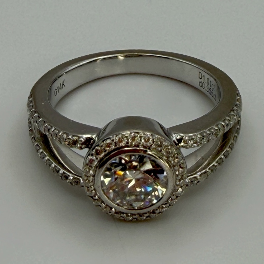 DovEggs 14k solid white gold engagement wedding ring split shank pavé moissanite